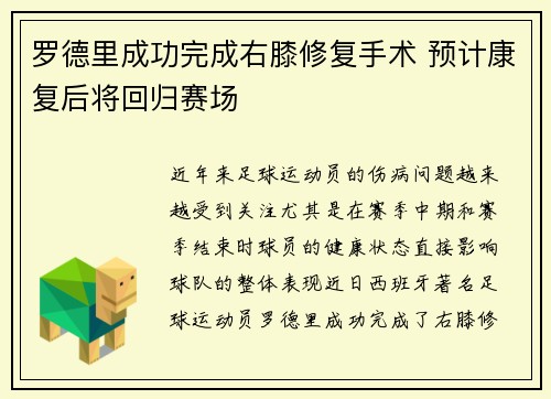 罗德里成功完成右膝修复手术 预计康复后将回归赛场